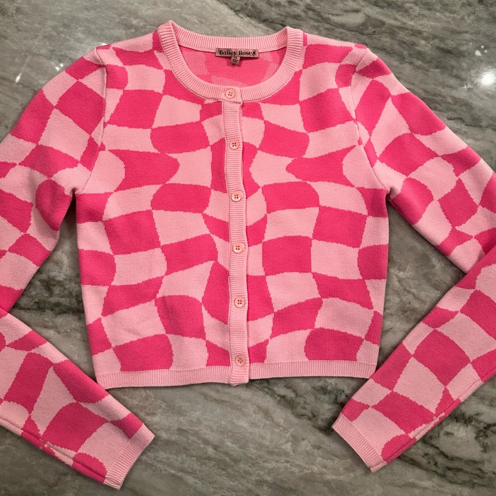 BAILEY ROSE, XS, Light PINK/Hot PINK checked button up SWEATER CARDIGAN